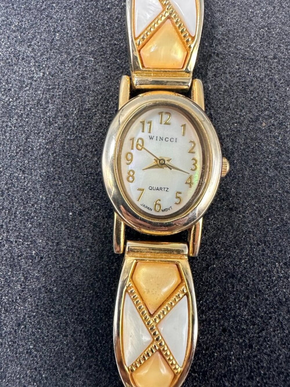 3/$30 Wincci Watch Women Gold Tone Oval Yellow White Inlay New Battery 6.75"